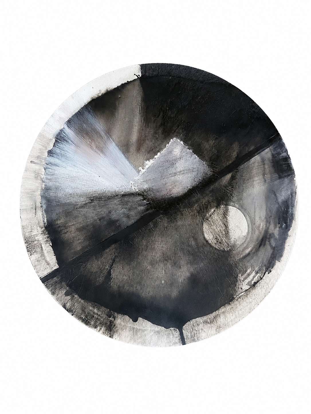 Eclipse — Ink, charcoal, Carborundum, water, chalk, quartz, meteorite on canvas · Size: 80 x 80 cm · Price: £195